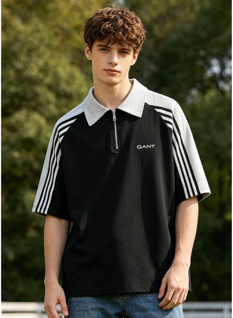 GANT Men’s Contrast Half Zip Polo T-shirt, Light Grey Collar White Striped Raglan Sleeve Casual Athletic Tee - Image 4