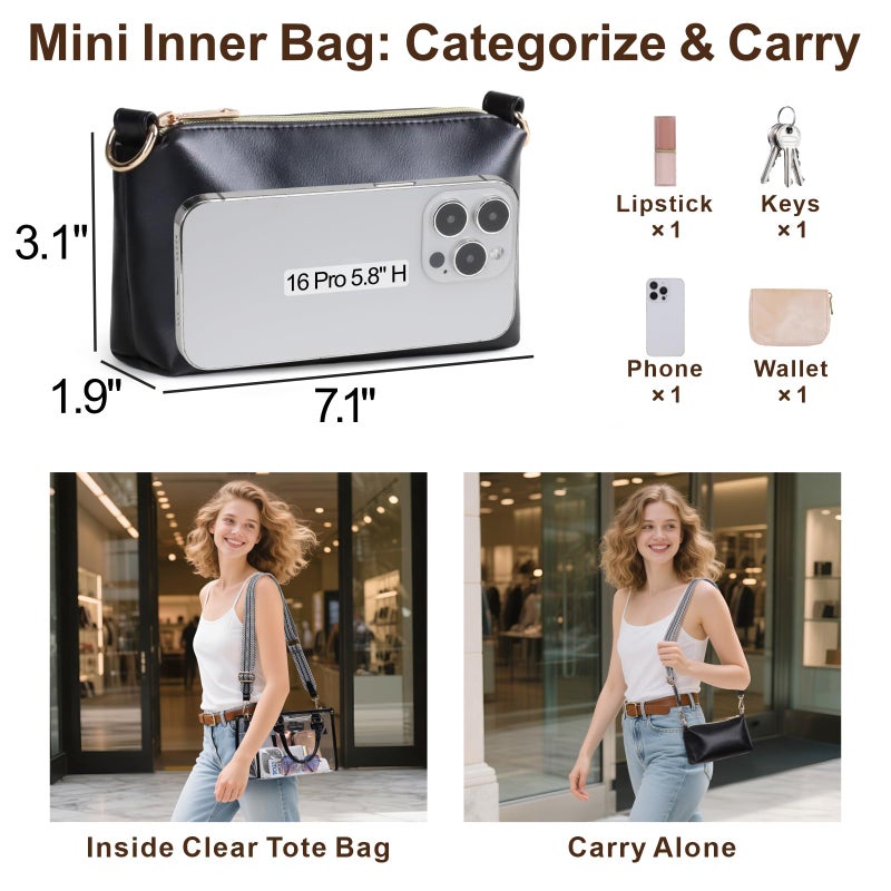 PACKISM Clear Tote Bags for Women - Clear Bag for Stadium Events with Privacy Inner Bag Transparent Tote Stadium Approved for Sport Events Game Day Concerts Festivals Daily, Black - Image 4