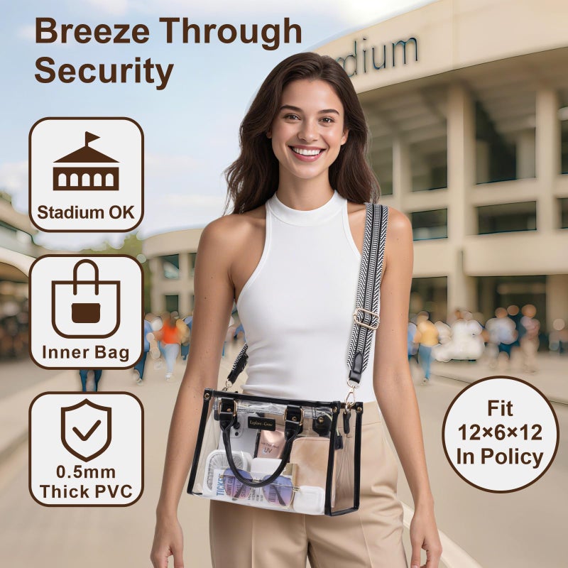 PACKISM Clear Tote Bags for Women - Clear Bag for Stadium Events with Privacy Inner Bag Transparent Tote Stadium Approved for Sport Events Game Day Concerts Festivals Daily, Black - Image 2
