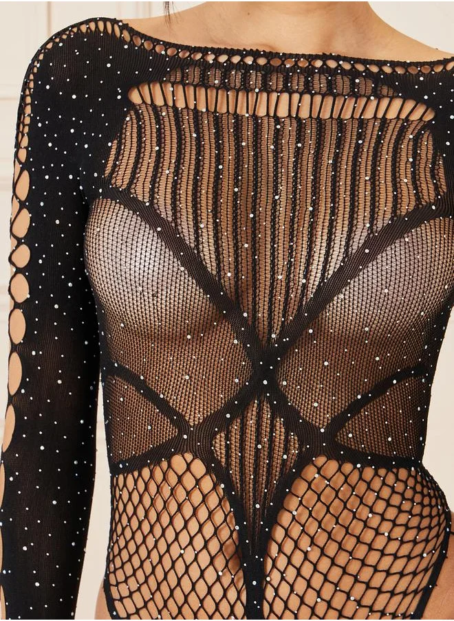 ستايلي Rhinestone Mesh Cut Out Detail Bodysuit