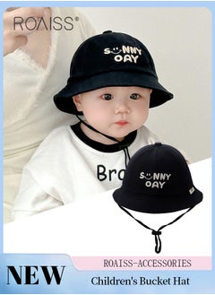 roaiss Children's Black Bucket Hat, Embroidered Sun Protection Hat with Windproof Belt, Wide Brim Sun Protection Bucket Hat, Suitable for Outdoor Sports Summer Beach Party  - Image 1