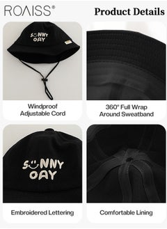 roaiss Children's Black Bucket Hat, Embroidered Sun Protection Hat with Windproof Belt, Wide Brim Sun Protection Bucket Hat, Suitable for Outdoor Sports Summer Beach Party  - Image 3