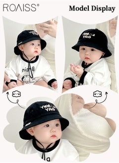 roaiss Children's Black Bucket Hat, Embroidered Sun Protection Hat with Windproof Belt, Wide Brim Sun Protection Bucket Hat, Suitable for Outdoor Sports Summer Beach Party  - Image 2