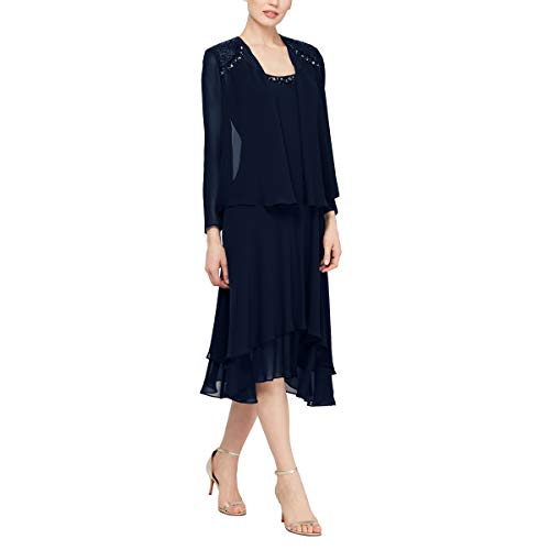 S.L. Fashions فستان الأم العروس من S.L. Fashions مع ياقة مزينة وكتف، ضيف زفاف، أزرق داكن، 18 - Image 1