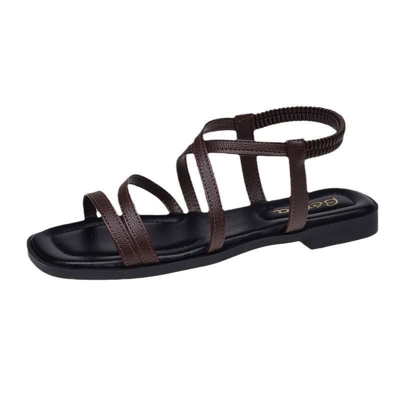 Fashion Roman Low Heel Cross Strap Flat Sandals for Women Elastic Band Square Toe Beach Sandals - Image 4