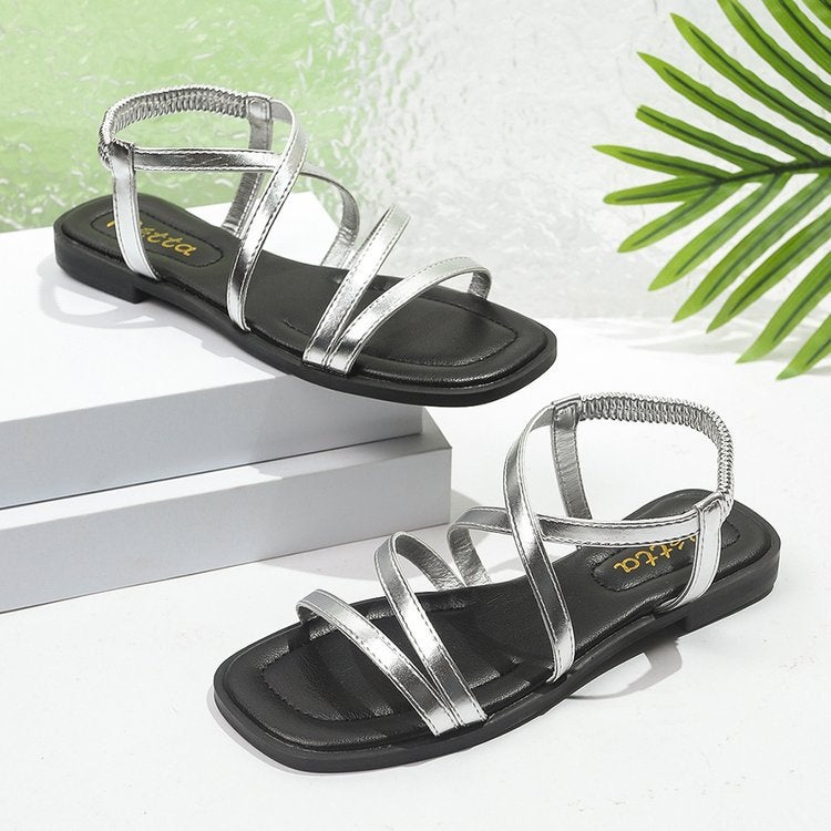 Fashion Roman Low Heel Cross Strap Flat Sandals for Women Elastic Band Square Toe Beach Sandals - Image 3