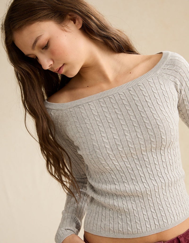American Eagle AE Fitted Off-the-Shoulder Cable Knit Sweater - Image 1