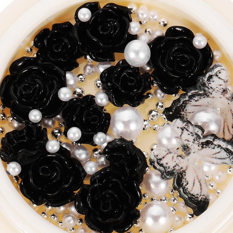 Black Camellia Flower Nail Charms with Silver Rhinestones and Pearls 4 Boxes DIY Nail Art Accessories for Manicure Decoration - Image 4