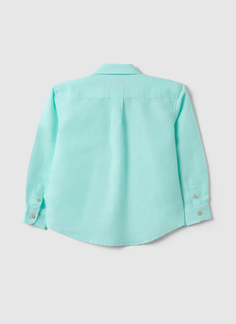 Ovs OVS Regular Fit Blue Linen Blend Boys' Shirt With Embroidery