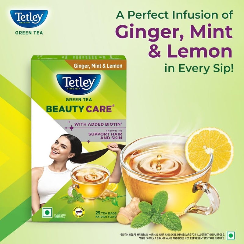 Tetley شاي تيتلي الأخضر للعناية بالجمال، مع البيوتين المضاف، يدعم الشعر والبشرة، 0 سعرات حرارية، نكهات الزنجبيل الطبيعي، النعناع والليمون، 25 كيس (1.7 جرام لكل منها) - Image 4
