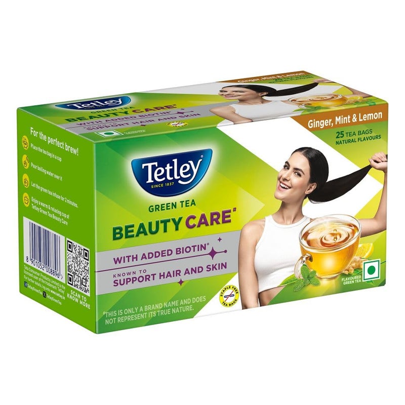 Tetley شاي تيتلي الأخضر للعناية بالجمال، مع البيوتين المضاف، يدعم الشعر والبشرة، 0 سعرات حرارية، نكهات الزنجبيل الطبيعي، النعناع والليمون، 25 كيس (1.7 جرام لكل منها) - Image 2