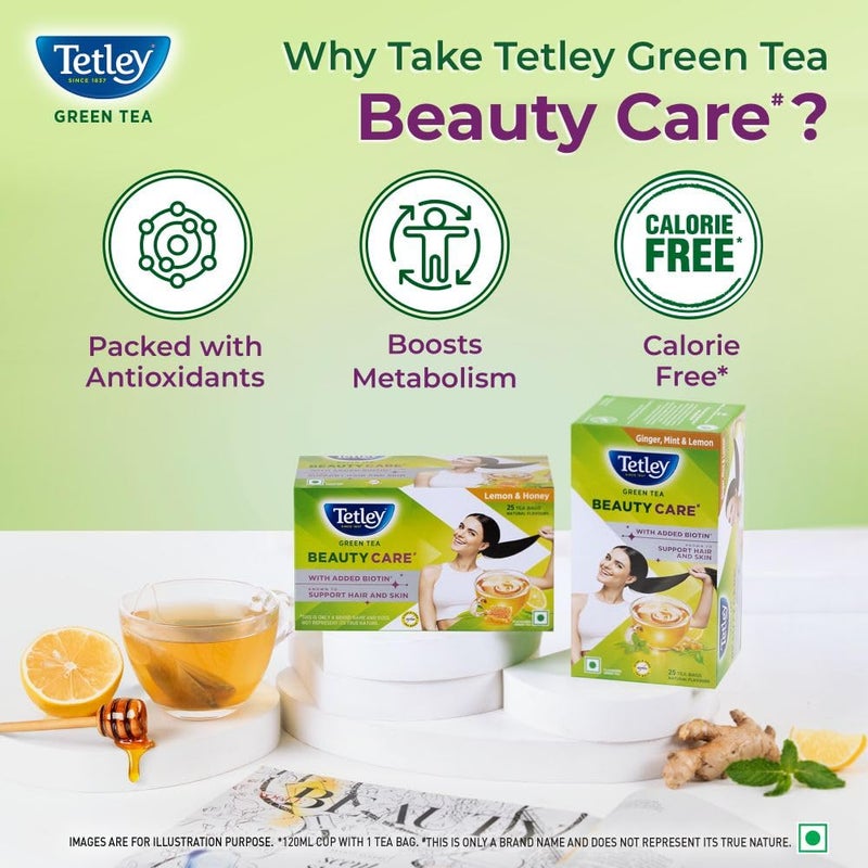 Tetley شاي تيتلي الأخضر للعناية بالجمال، مع البيوتين المضاف، يدعم الشعر والبشرة، 0 سعرات حرارية، نكهات الزنجبيل الطبيعي، النعناع والليمون، 25 كيس (1.7 جرام لكل منها) - Image 5