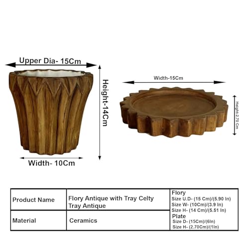Lasaki Flory Antique with Tray Celty Antique Ceramic Pots with Tray | Flower Planter for Indoor & Outdoor Plants | Pots for Balcony, Home, Garden & Office (Pot_H-14 X D-15 Cm & Plate_H-2.5xD-14.5cm) - Image 2