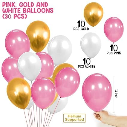 BRIJBAZAAR Birthday Decoration Kit for Girls - 34Pcs Pink, White Golden Metallic Birthday balloons for Girls Decoration, Golden Foil Curtain - Image 5