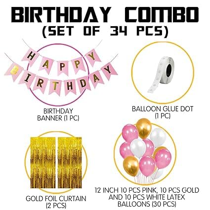 BRIJBAZAAR Birthday Decoration Kit for Girls - 34Pcs Pink, White Golden Metallic Birthday balloons for Girls Decoration, Golden Foil Curtain - Image 2