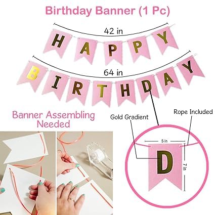 BRIJBAZAAR Birthday Decoration Kit for Girls - 34Pcs Pink, White Golden Metallic Birthday balloons for Girls Decoration, Golden Foil Curtain - Image 4