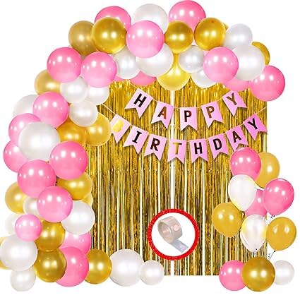 BRIJBAZAAR Birthday Decoration Kit for Girls - 34Pcs Pink, White Golden Metallic Birthday balloons for Girls Decoration, Golden Foil Curtain - Image 1