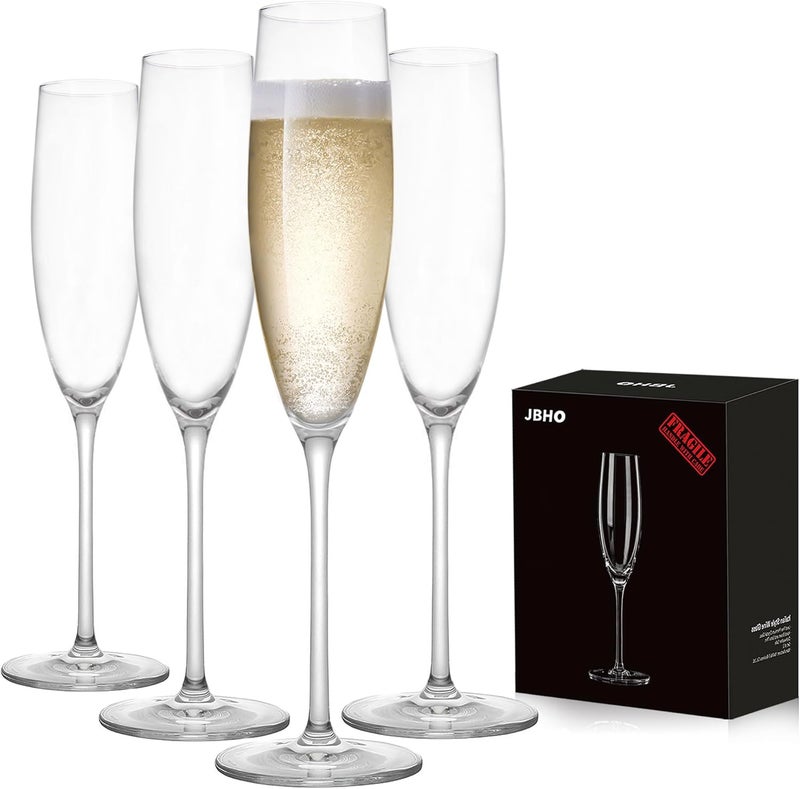 JBHO Champagne Glasses-Elegant Flutes-Gift-Box-Hand Blown Champagne Flutes Glass-100% Lead-Free Premium Crystal - Gift Idea for Wedding, Anniversary, Christmas,New Year-Set of 4-8oz, Clear - Image 1