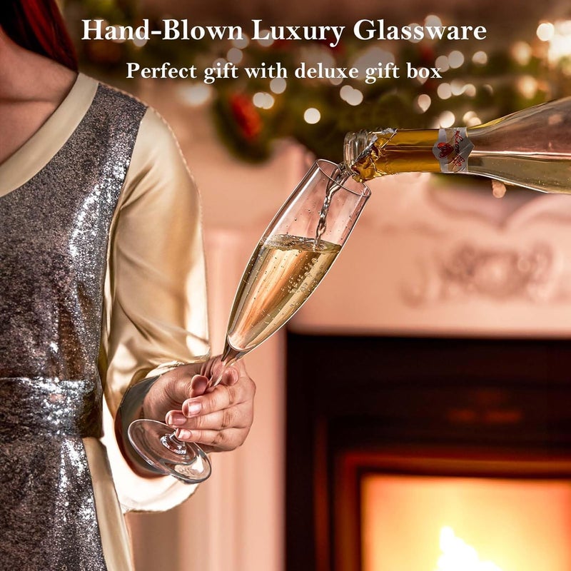 JBHO Champagne Glasses-Elegant Flutes-Gift-Box-Hand Blown Champagne Flutes Glass-100% Lead-Free Premium Crystal - Gift Idea for Wedding, Anniversary, Christmas,New Year-Set of 4-8oz, Clear - Image 2