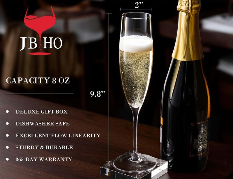 JBHO Champagne Glasses-Elegant Flutes-Gift-Box-Hand Blown Champagne Flutes Glass-100% Lead-Free Premium Crystal - Gift Idea for Wedding, Anniversary, Christmas,New Year-Set of 4-8oz, Clear - Image 3