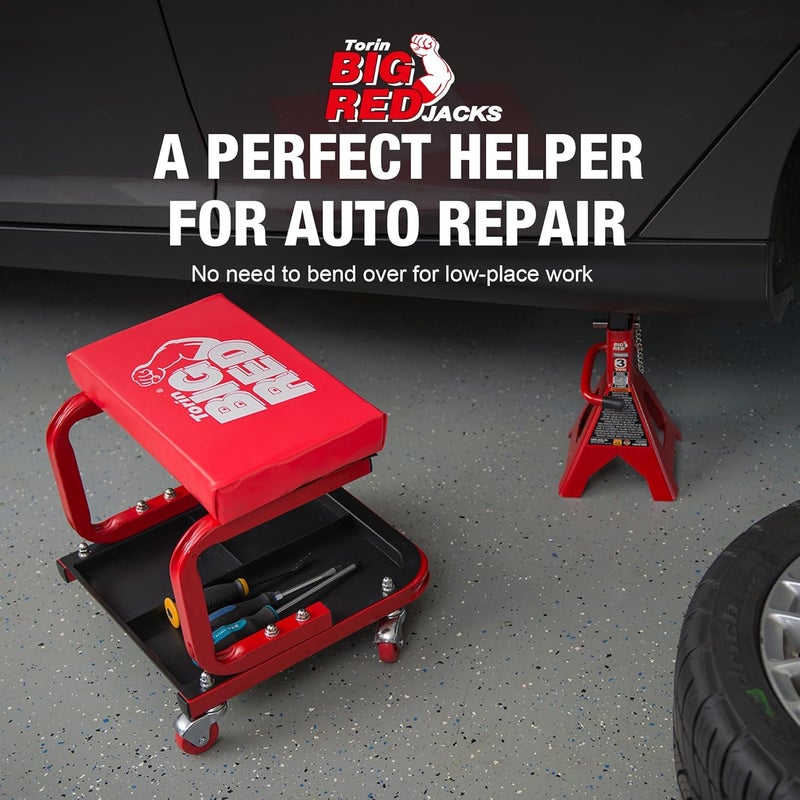 BIG RED 250lb Red Rolling Automotive Creeper Garage/Shop Seat: Padded Mechanic Stool with Tool Large Tray Suitable for garages, Repair Shops - Image 3