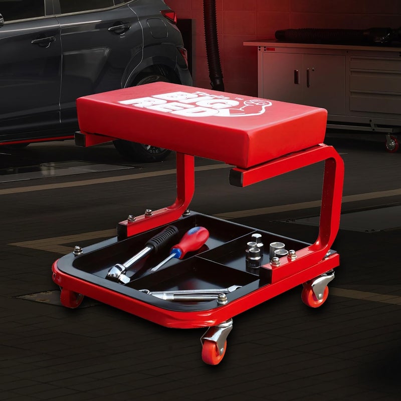 BIG RED 250lb Red Rolling Automotive Creeper Garage/Shop Seat: Padded Mechanic Stool with Tool Large Tray Suitable for garages, Repair Shops - Image 2