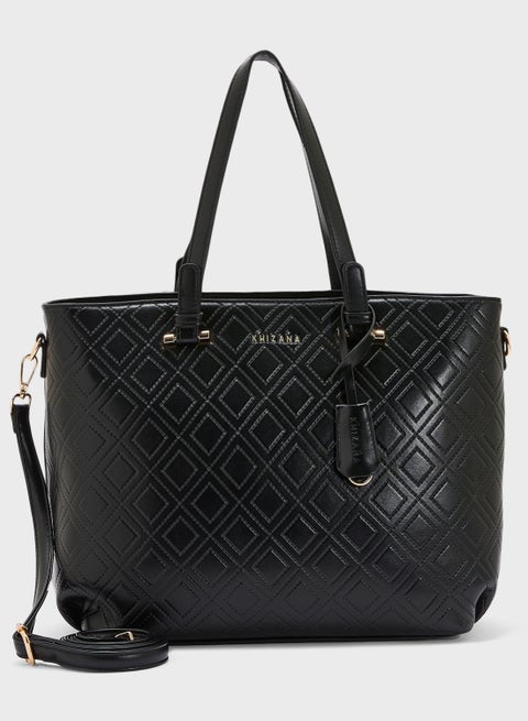 Faux Quilt Tote Bag With Multiple Compartments