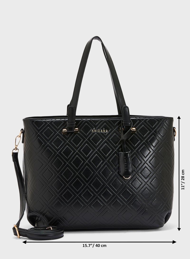 Faux Quilt Tote Bag With Multiple Compartments