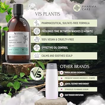 Vis Plantis شامبو فيس بلانتس بالنعناع للشعر وفروة الرأس الدهنية مع الزنك يقلل من قشرة الرأس يتحكم في الزهم 500 مل شامبو طبيعي للشعر الجاف والجذور خالي من السيليكون والكبريتات علاج لفروة الرأس الحكة - Image 5