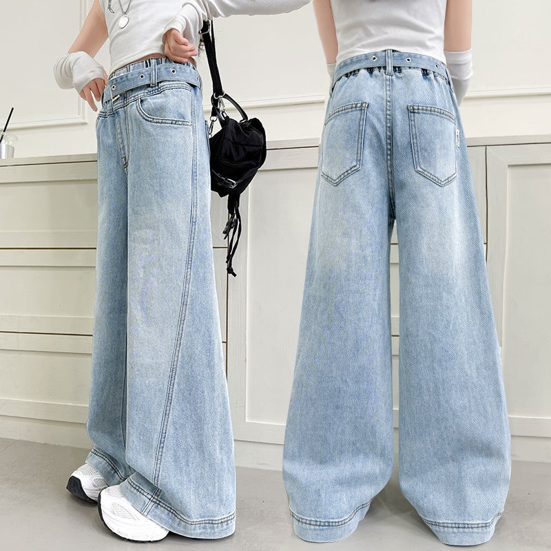 Girls' Jeans Medium And Large Children'S Girls' Design Sense Belt Straight Leg Pants Children'S Western-Style Loose Wide Leg Pants - Image 3