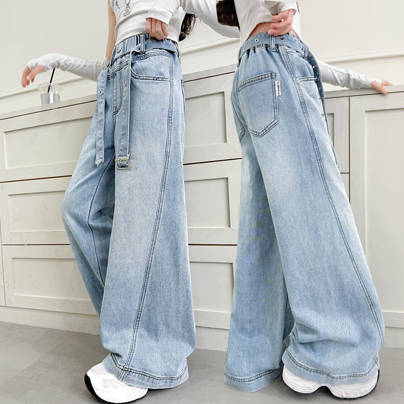 Girls' Jeans Medium And Large Children'S Girls' Design Sense Belt Straight Leg Pants Children'S Western-Style Loose Wide Leg Pants - Image 2