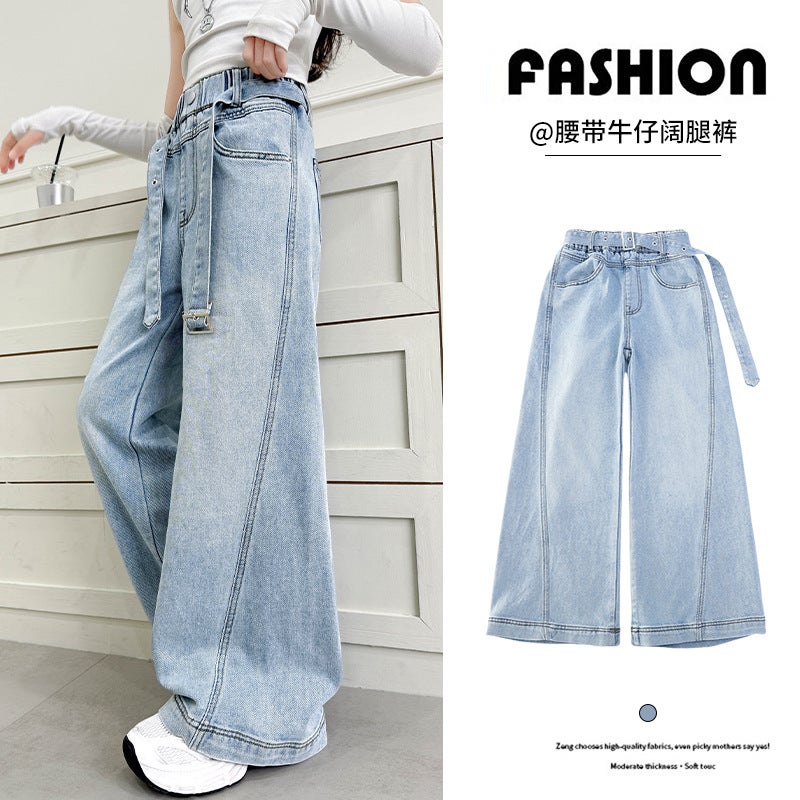 Girls' Jeans Medium And Large Children'S Girls' Design Sense Belt Straight Leg Pants Children'S Western-Style Loose Wide Leg Pants - Image 1