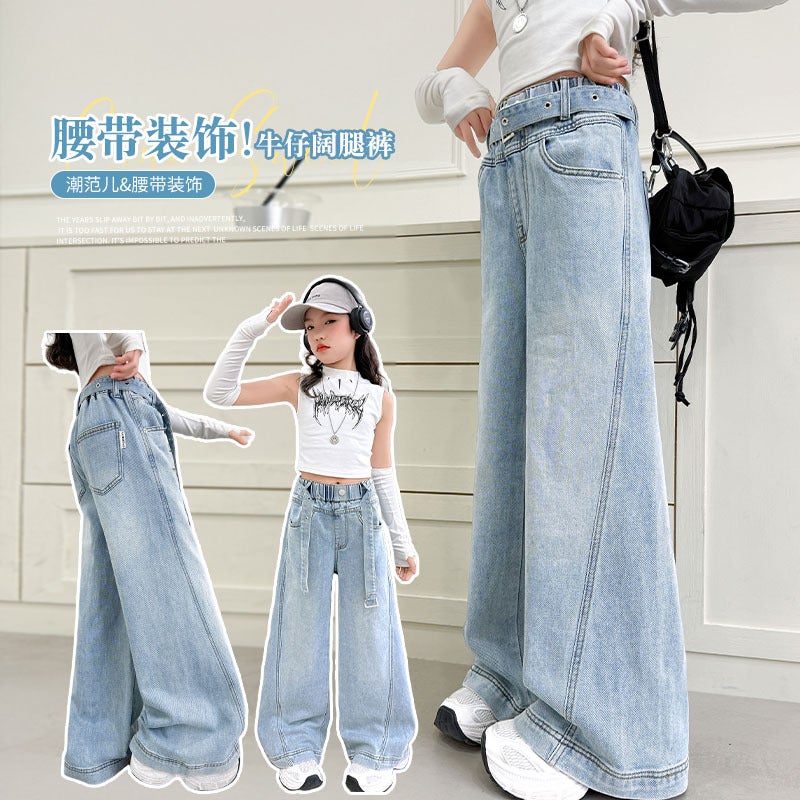Girls' Jeans Medium And Large Children'S Girls' Design Sense Belt Straight Leg Pants Children'S Western-Style Loose Wide Leg Pants - Image 5