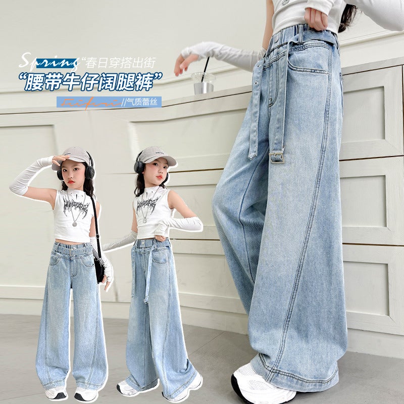 Girls' Jeans Medium And Large Children'S Girls' Design Sense Belt Straight Leg Pants Children'S Western-Style Loose Wide Leg Pants - Image 4