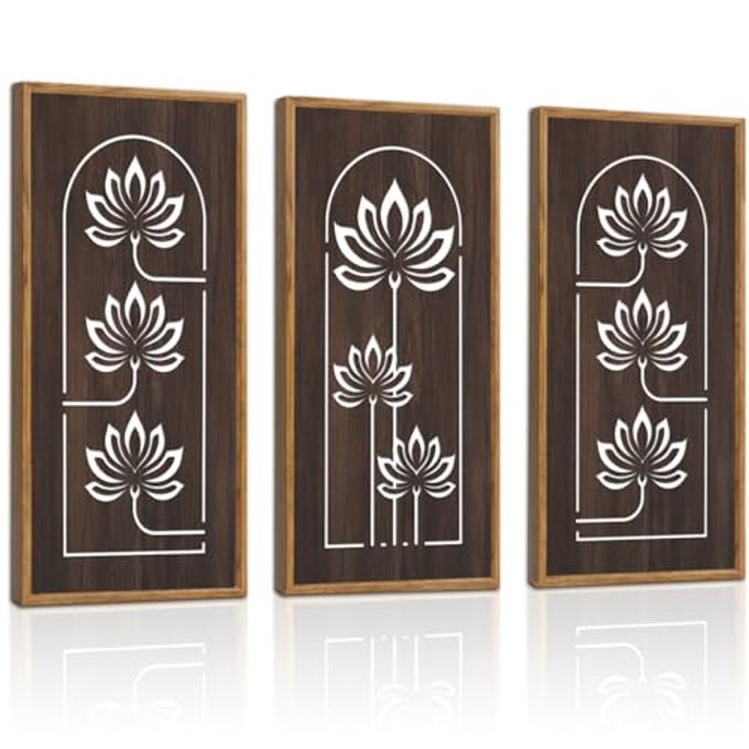 KAIRNE Lotus Wooden Wall Art,Floral Vintage Farmhouse Room Boho Decor,Set of 3(16 X 8),Framed Mandala Lotus Flowers Wall Decor,Bohemian Retro Wood Hanging Board for Living Room Yoga room Office Decoration - Image 4