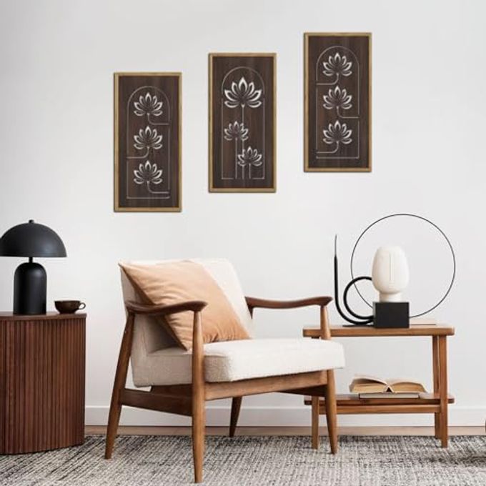 KAIRNE Lotus Wooden Wall Art,Floral Vintage Farmhouse Room Boho Decor,Set of 3(16 X 8),Framed Mandala Lotus Flowers Wall Decor,Bohemian Retro Wood Hanging Board for Living Room Yoga room Office Decoration - Image 3