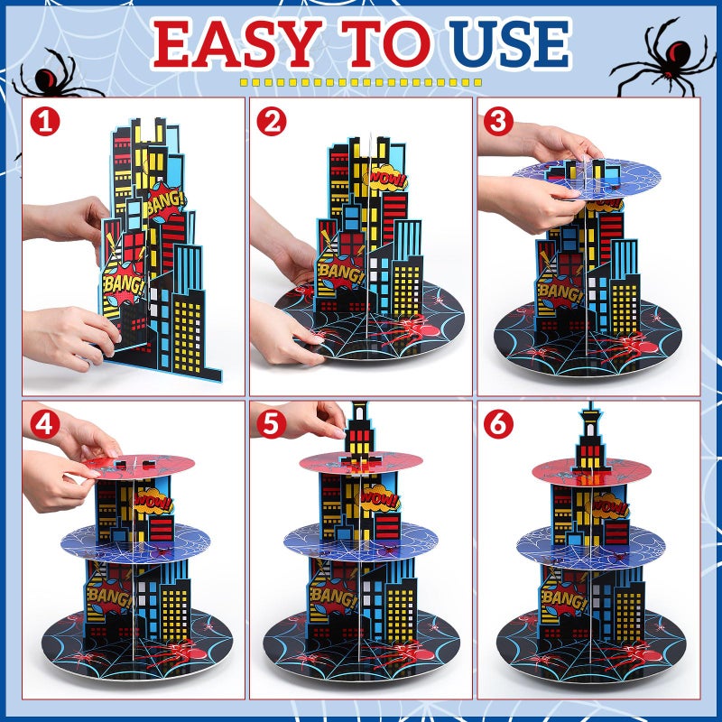 Widecook 3 Tier Spider Cupcake Stand Decoration Spider Party Cupcake Tower Party Supplies Table Decoration Cityscape Dessert Holder Table Display for Birthday Baby Shower Supplies - Image 3