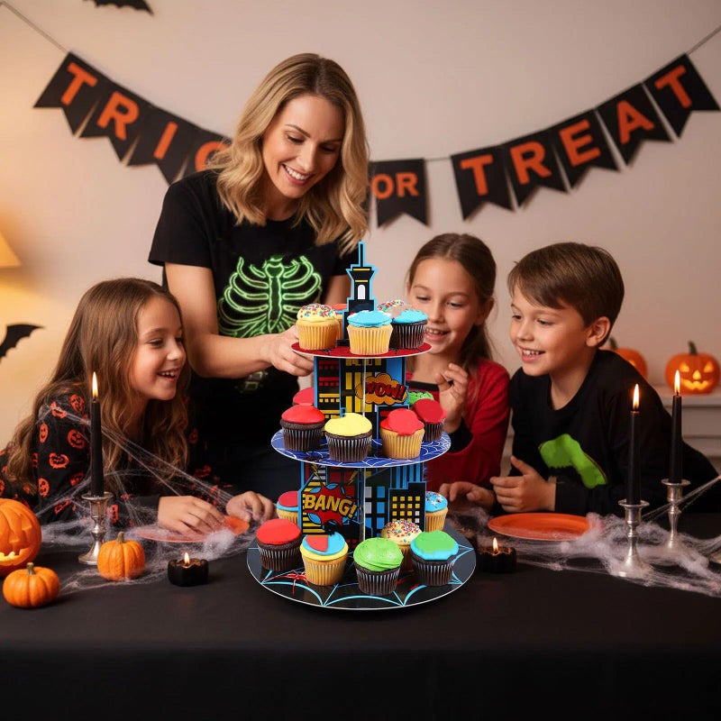 Widecook 3 Tier Spider Cupcake Stand Decoration Spider Party Cupcake Tower Party Supplies Table Decoration Cityscape Dessert Holder Table Display for Birthday Baby Shower Supplies - Image 4