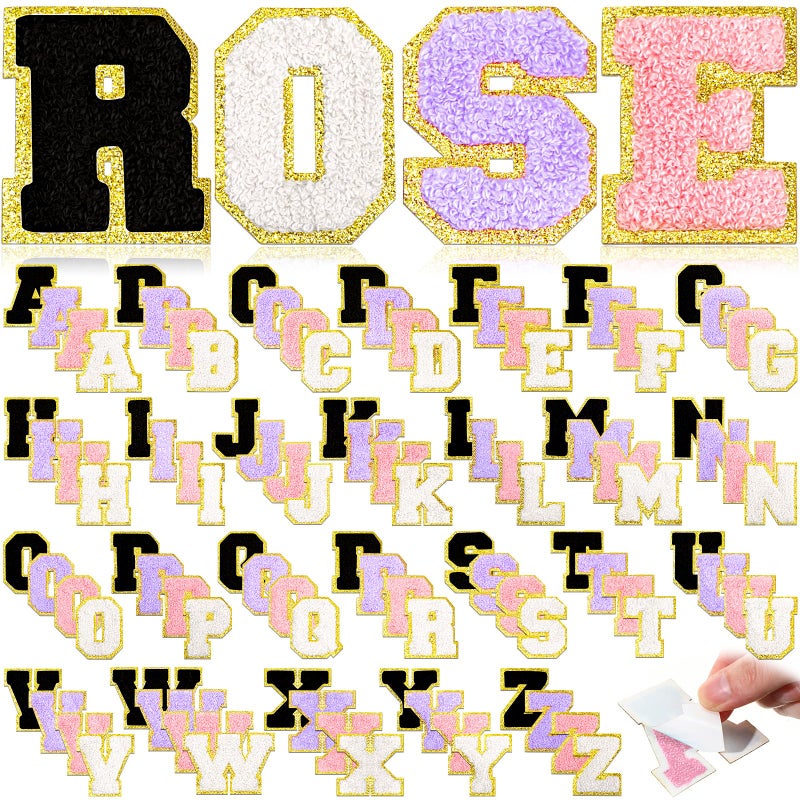 Jutom 104 Pcs Chenille Letter Patches Iron on Letters Patches Self Adhesive Chenille Embroidered Patch for ClothingClassicBlack White Purple Pink