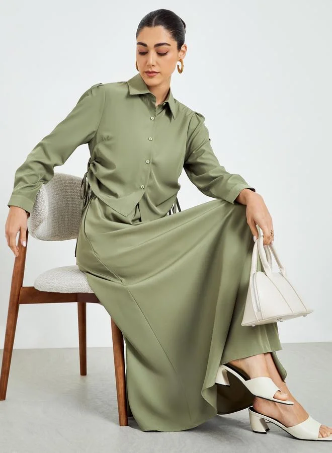 Women Ruched Shirt and Maxi Skirt Modest Set
