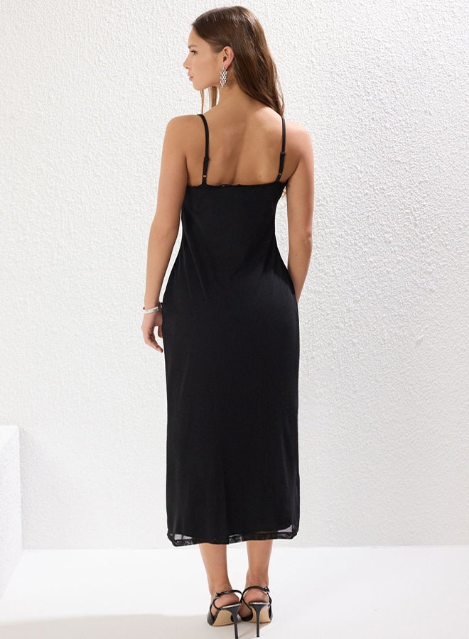 trendyol Black Tulle Lace Detailed Maxi Fitted/Fits-Your-Body Tulle Knit Dress - Image 5