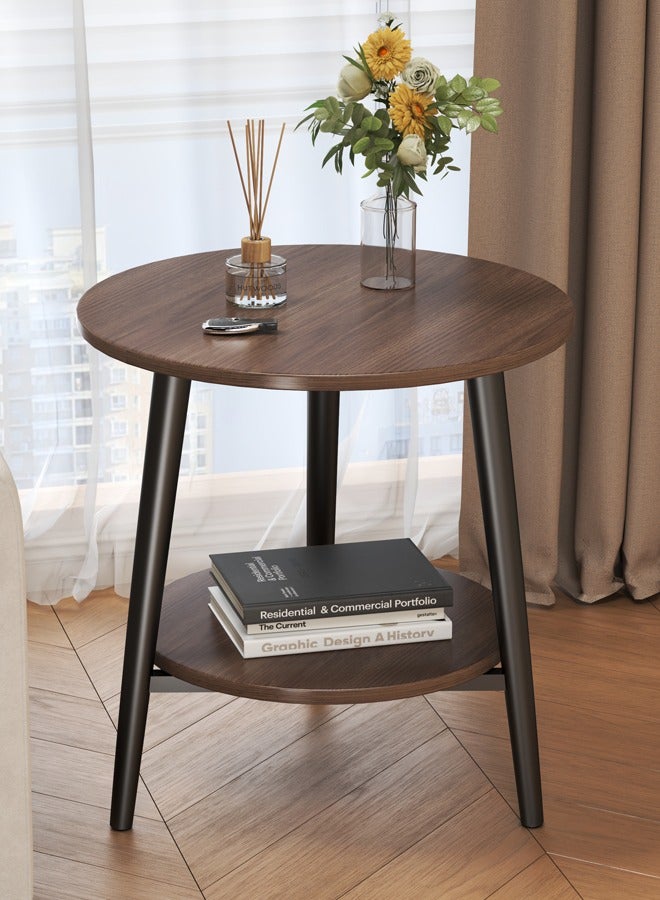 VUCATIN 2-Tier Round Side Table Sturdy Metal Frame Coffee Table Bedside Table for Living Room Bedroom Small Spaces (Walnut 50*50*42cm) - Image 1