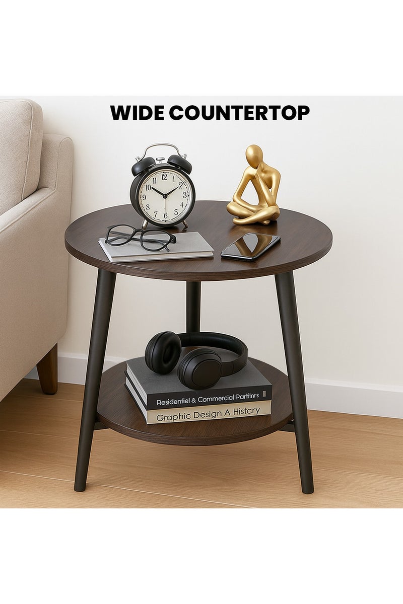 VUCATIN 2-Tier Round Side Table Sturdy Metal Frame Coffee Table Bedside Table for Living Room Bedroom Small Spaces (Walnut 50*50*42cm) - Image 4