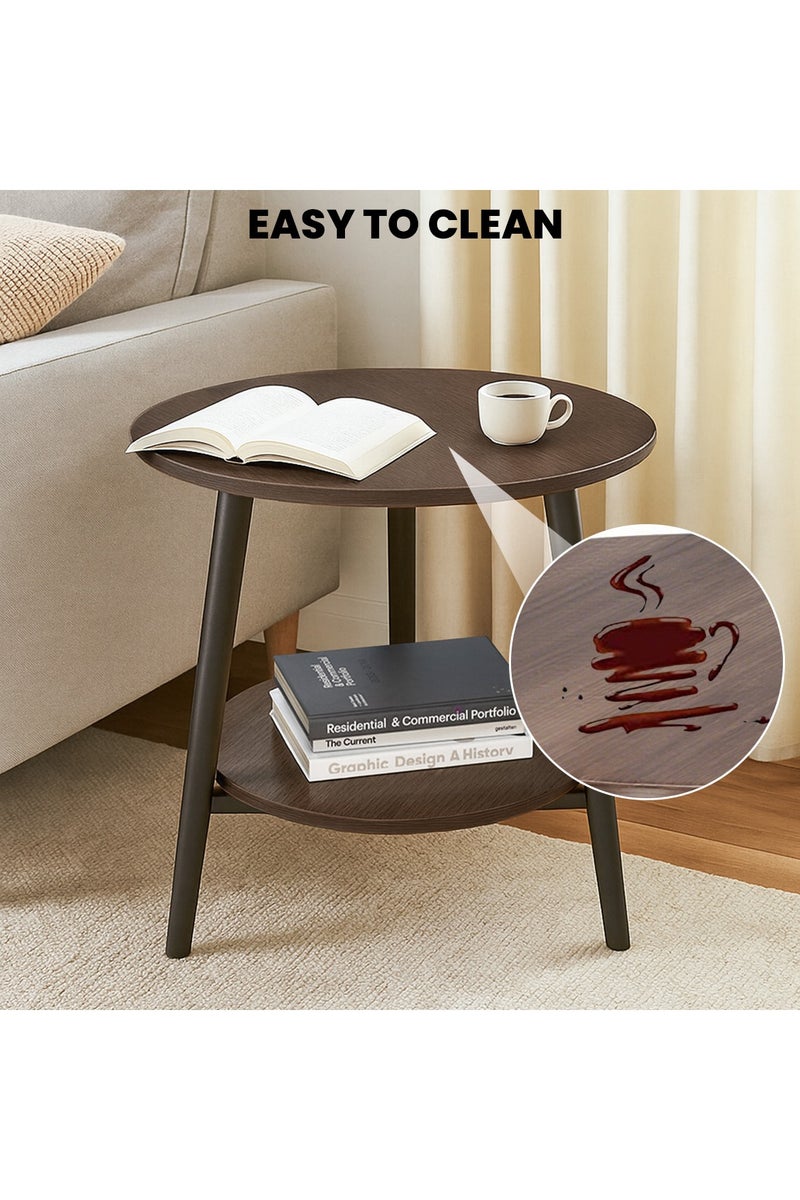 VUCATIN 2-Tier Round Side Table Sturdy Metal Frame Coffee Table Bedside Table for Living Room Bedroom Small Spaces (Walnut 50*50*42cm) - Image 5