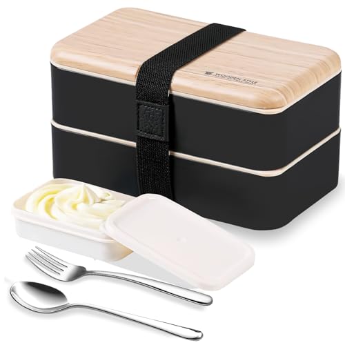 Binoster Original Bento Box Lunch Box Japanese Style 2 Layer Food Containers with Utensils Spoon and Fork Bundle Divider Salad Box for Men Women (Black) - Image 1