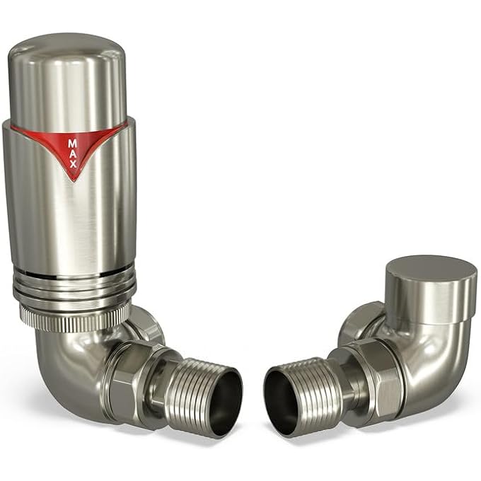 SILVER NICKELTHERMOSTATIC RADIATOR VALVE AND SILVER NICKELLOCKSHIELD VALVE - SILVER NICKEL CLASSY AND MODERN DESIGN 1/2" X 15MM CORNER RADIATOR VALVE - Image 1