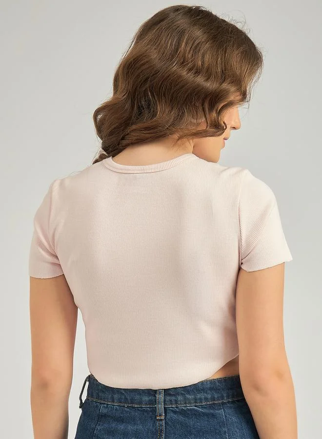 Outzidr  Pink Round Neck Ribbed Top for Women | Best Price UAE