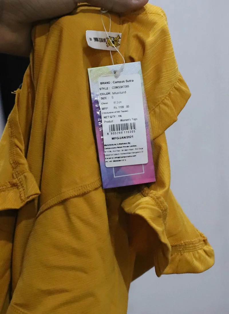 Pinacolada  Women's Mustard Yellow Ruche-Sleeved Top for Women | Best Price UAE