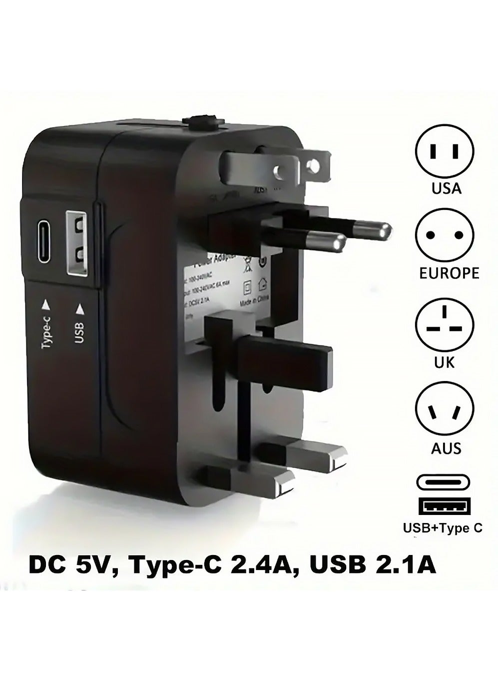 X-level Travel Adapter,Worldwide All in One Universal Travel Adaptor AC Power Plug Adapter Wall Charger with USB-C and USB-A Charging Ports for USA EU UK AUS Black
