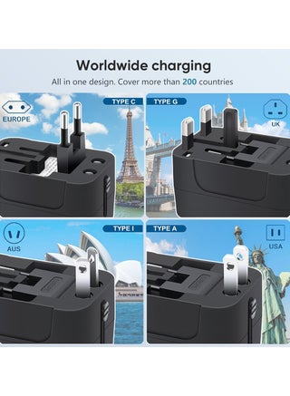 Travel Adapter,Worldwide All in One Universal Travel Adaptor AC Power Plug Adapter Wall Charger with USB-C and USB-A Charging Ports for USA EU UK AUS Black - view 2